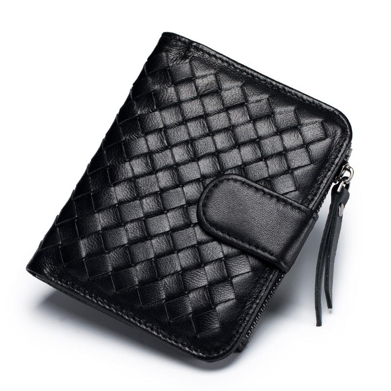 

New sheepskin short women s money wallet genuine leather classic woven small wallet multi-functional ultra-thin change bag чёрный