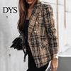 Women Blazer Double-breasted Plaid Print Lapel Long Sleeves Thick Coat Warm Cardigan Formal Business Winter Female Clothes