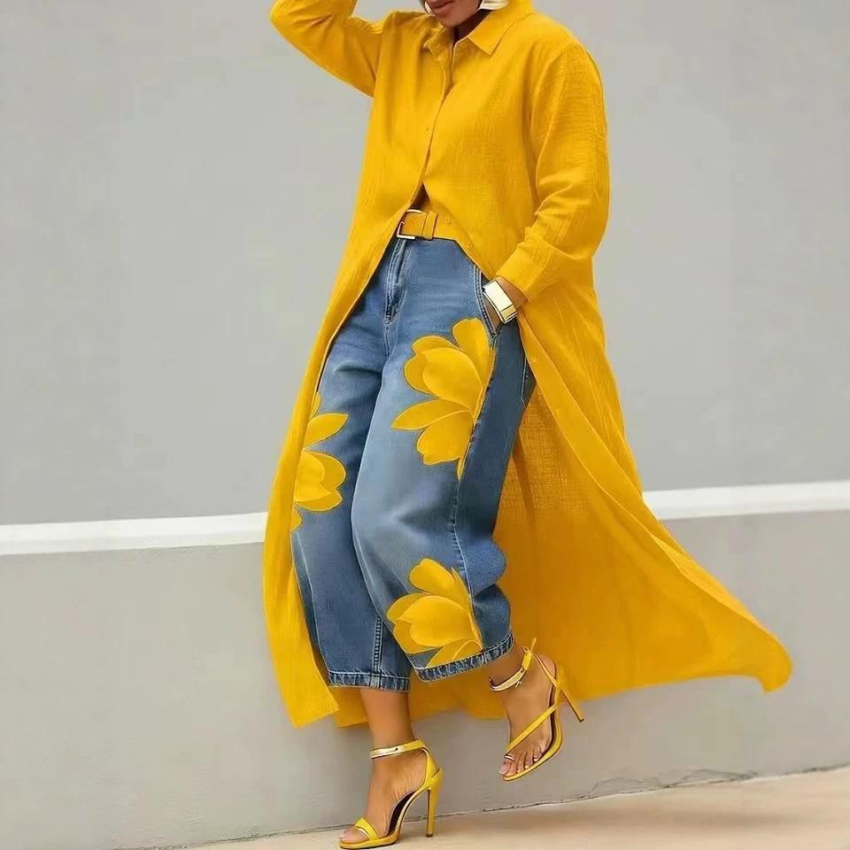 Women's Long Sleeve Oversized Button Down Long Shirt Red Casual Blouse