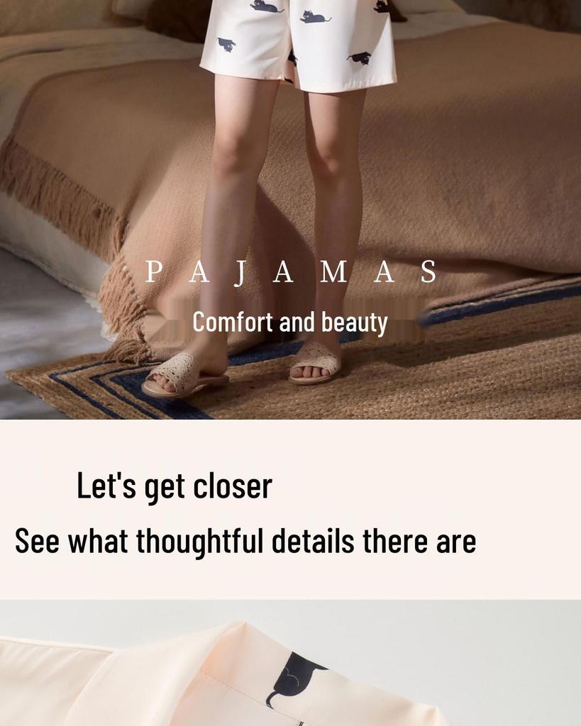 Women's Ice Silk Pajama Set, Short Sleeve Cat Design, Indoor/Outdoor Wear