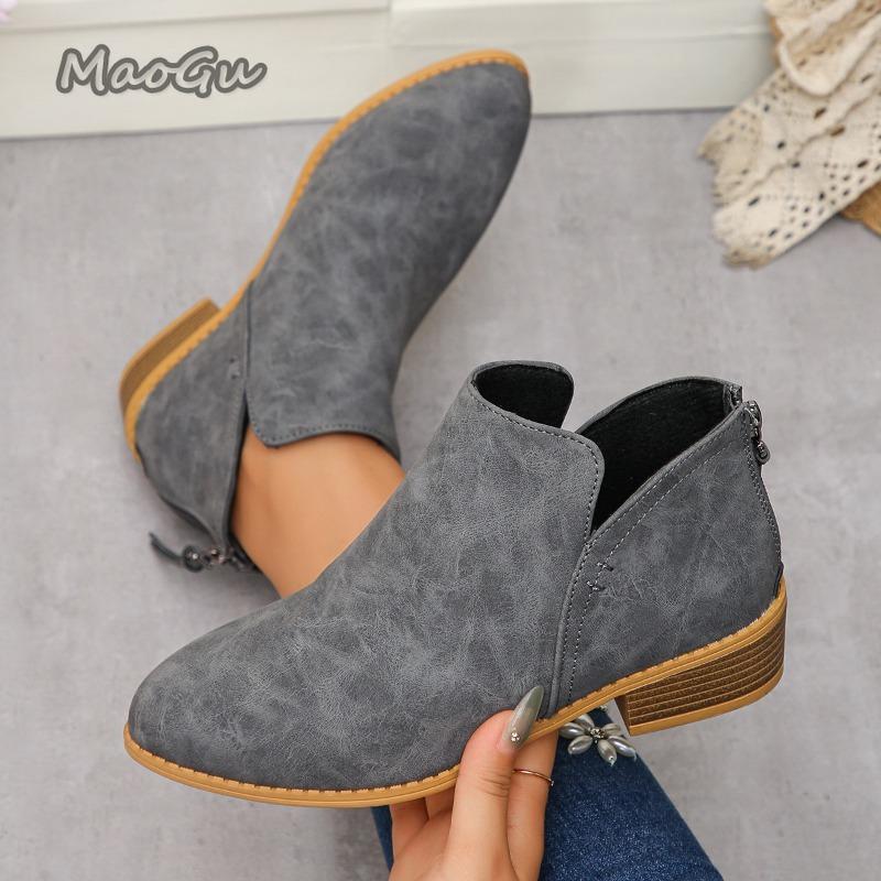 Modne Rozmiar 36-43 Botki Damskie na Średnim Obcasie Krótkie Zapinane na Zamek z Tyłu Szpiczasty Nosek Skórzane Buty dla Kobiet Jesienne Obuwie Botines Para Mujeres