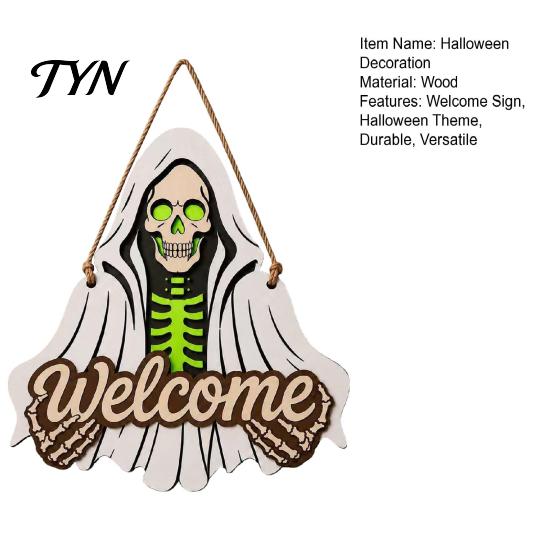 Trick or Treat Door Hanger Halloween Wooden Welcome Sign, Skeleton Reaper Irregular Decor, Gothic Haunted House Decor Wall Hanging Ornament