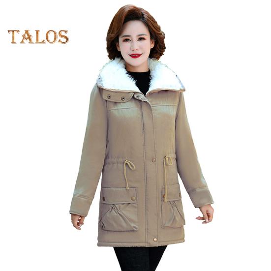 Winter Women Jacket Thickened Plush Turn-down Collar Long Sleeves Elastic Waist Pockets Zipper Closure Coat Mid Length Windproof Warm Coat