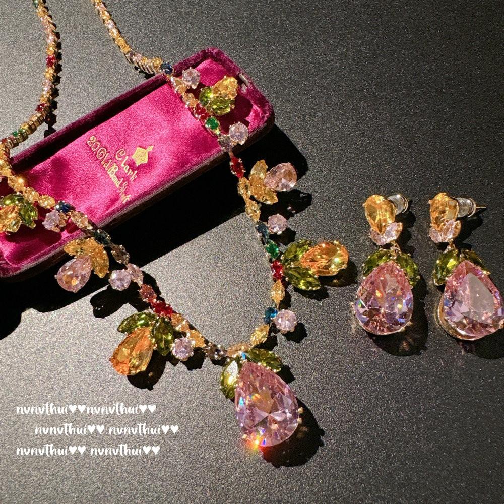Luxury Retro Zircon Flower Necklace For Women Exquisite Fashion Colorful Rhinestone Necklace Earring set Wedding Banquet Jewelry