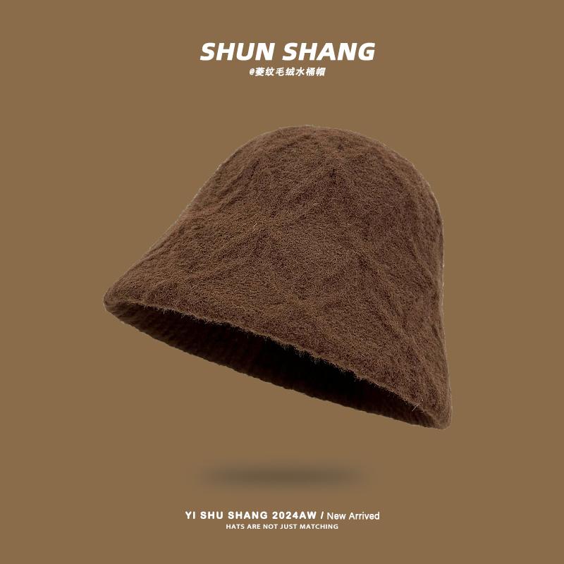 

Plush bucket hat female autumn and winter face small versatile warm solid color bucket hat temperament casual simple basin hat Adult average size (55-58CM)