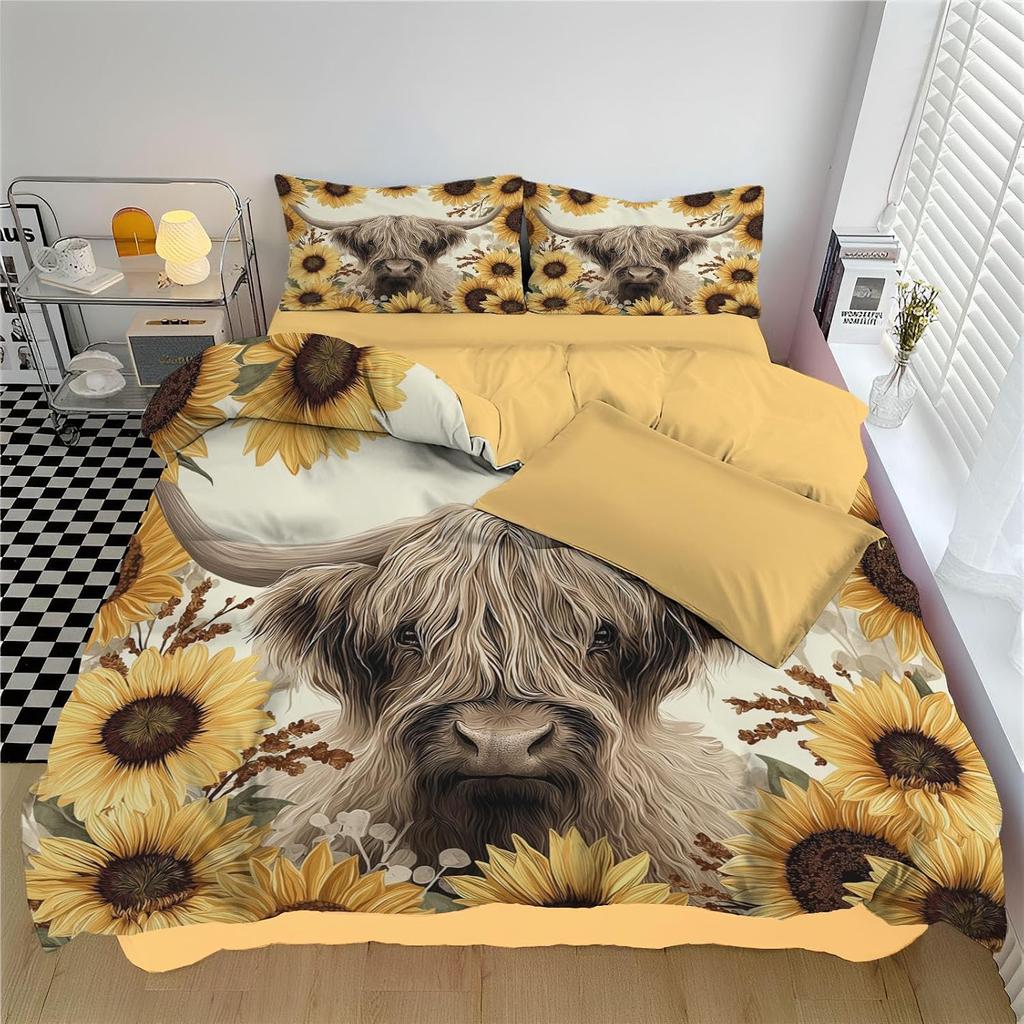 Cute Highland Cattle Duvet Cover, Microfiber Reversible 2 Piece with Pillowcases, Breathable Hypoallergenic Quilt Cover With Zip