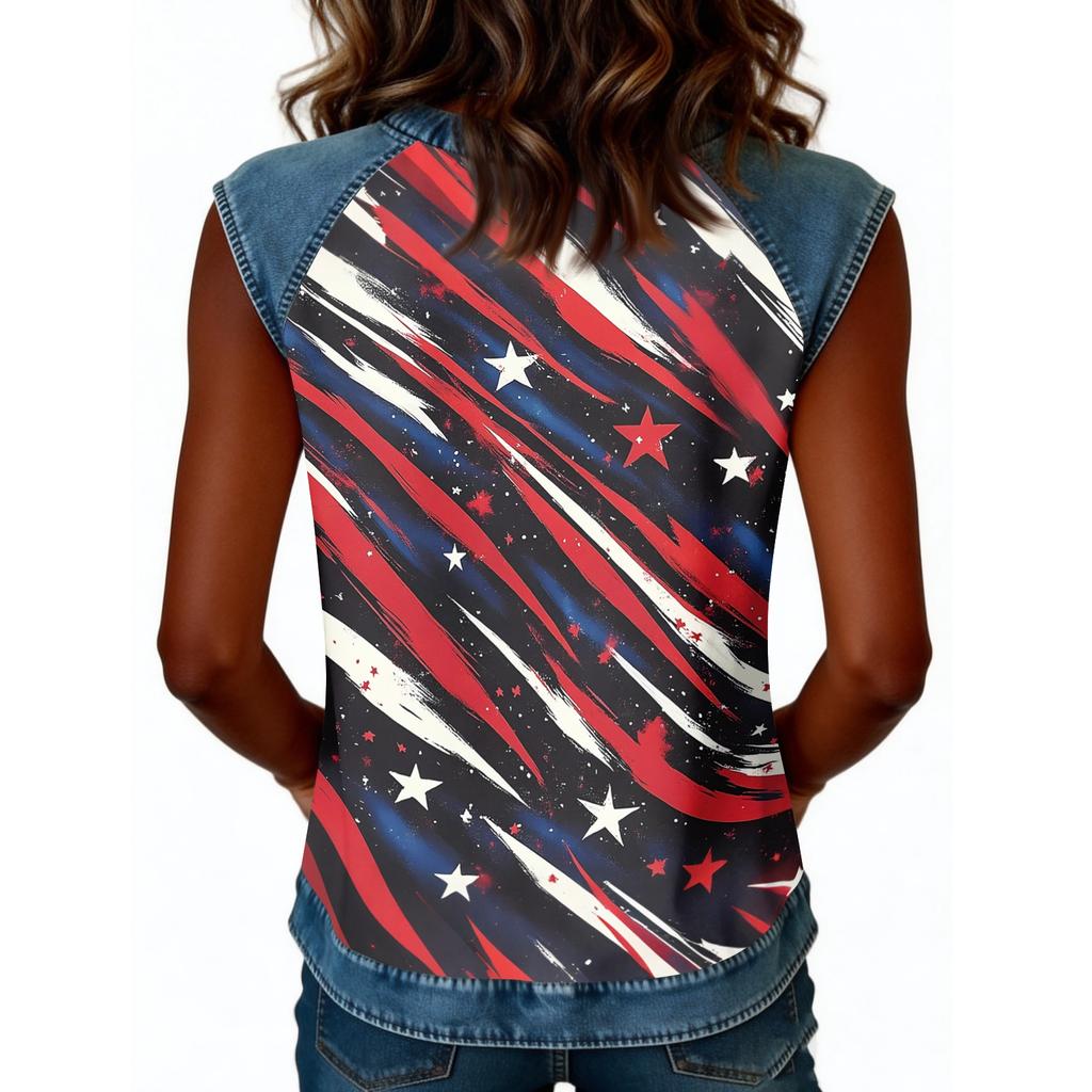 Women Sleeveless Pullover Tank Top Casual Round Neck Blouse Independence Day Print Shirt with Star Pattern and Abstract Design
