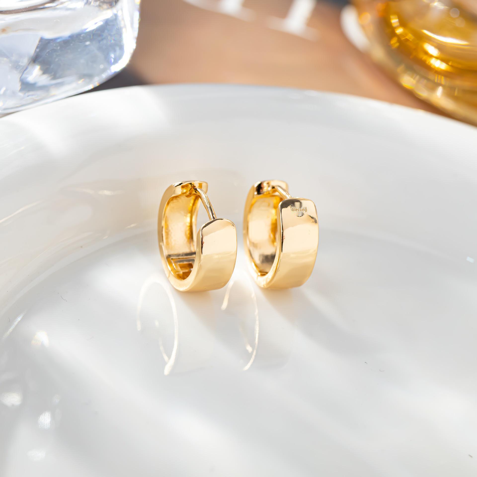 Gold-Plated Geometric Earrings: Stylish Versatile Studs with Wide Metal Texture