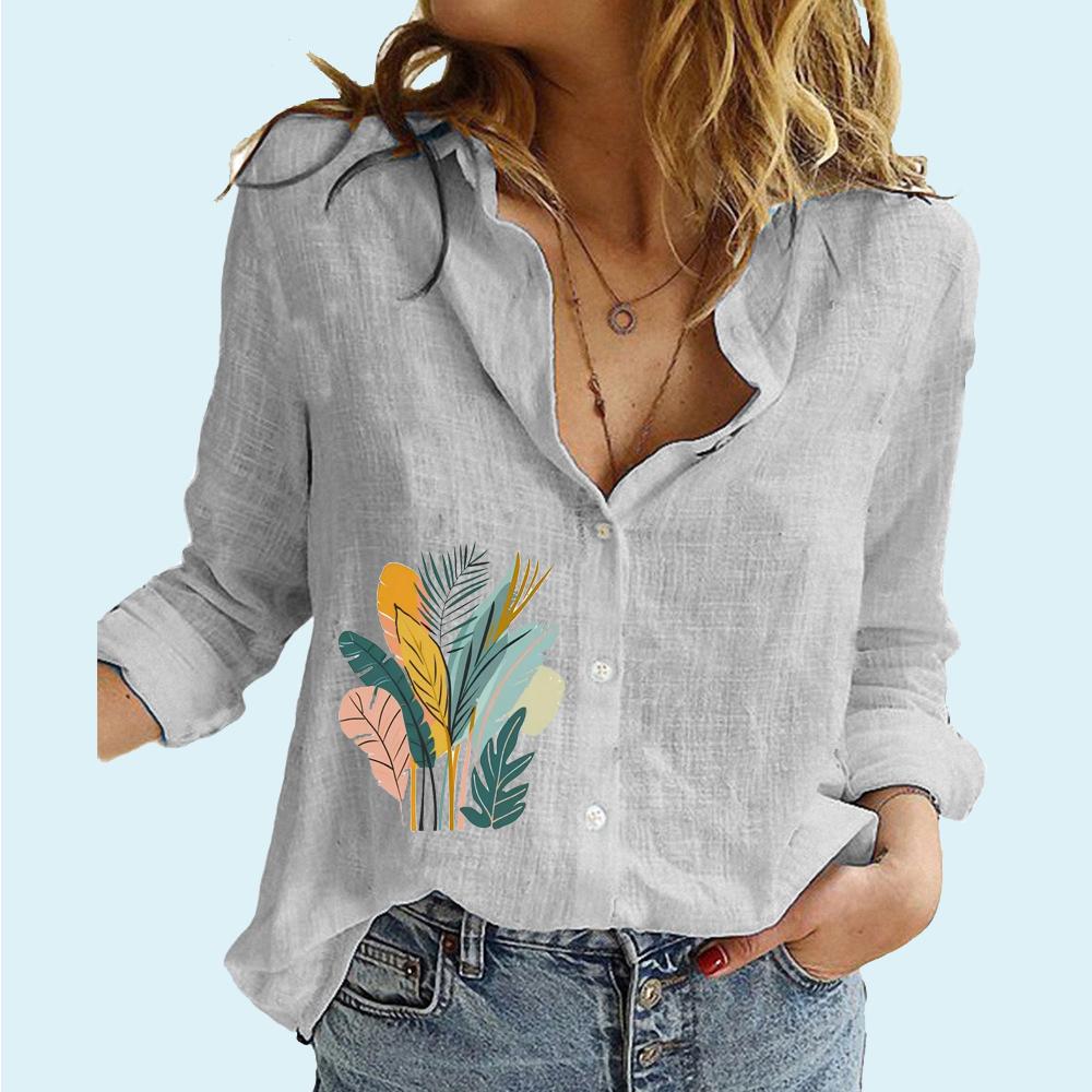 Women Fashion Floral Printed Button-up Shirt Loose Cotton Linen Top Ladies Casual Long Sleeved Blouse