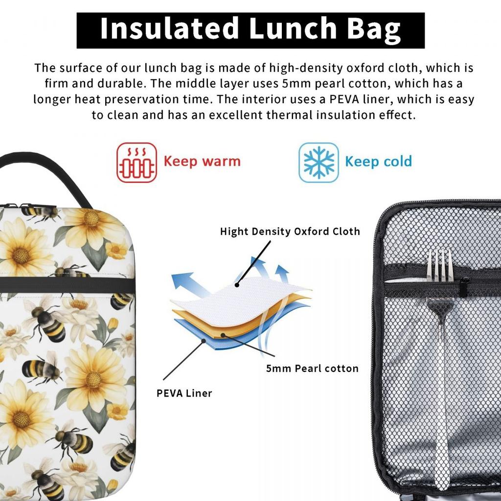 Flowers And Bee Pattern Insulated Lunch Bag for Women Kids Portable Food Boxes Thermal Lunch Box Tote