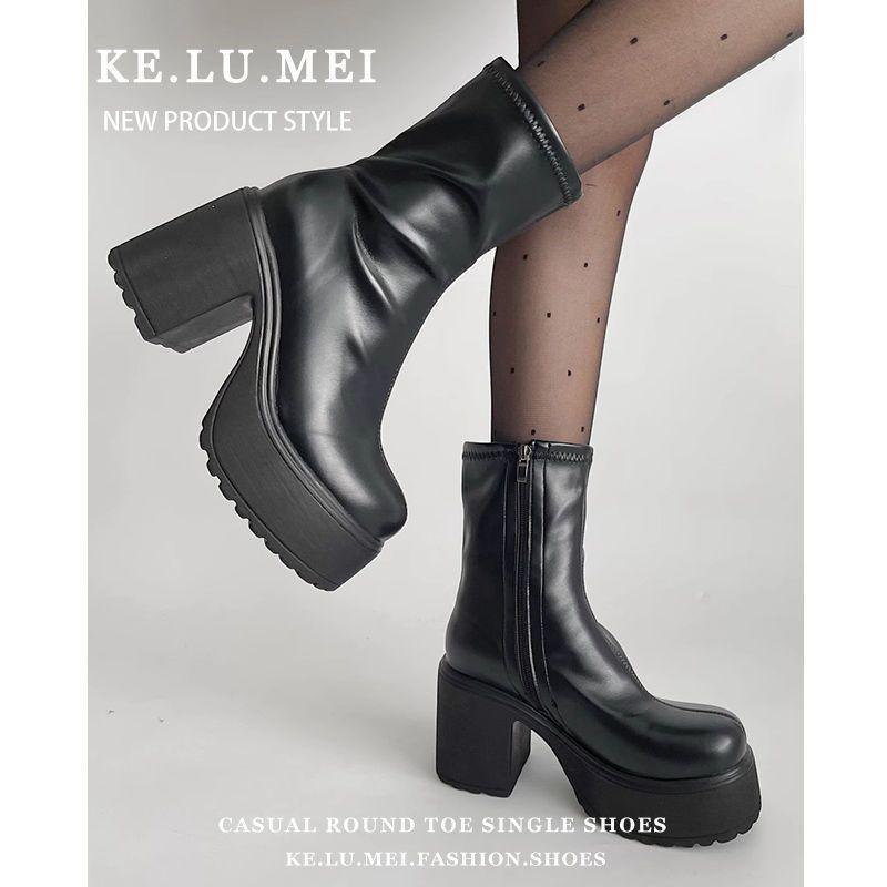 Z Schwarze Plateau-Stiefeletten für Damen (Petite) - Dicker Absatz, Schlankmachend, Hoher Absatz mit Seitenreißverschluss für Herbst und Winter 2025