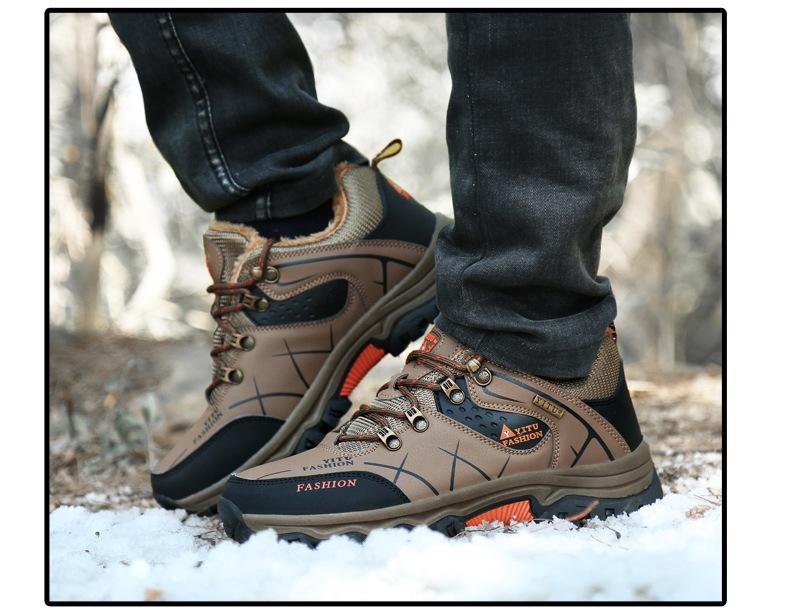 Men's Waterproof Winter Hiking Boots with Fleece Lining, Non-Slip, Wear-Resistant, Durable Outdoor Shoes for Construction and Labor Protection.