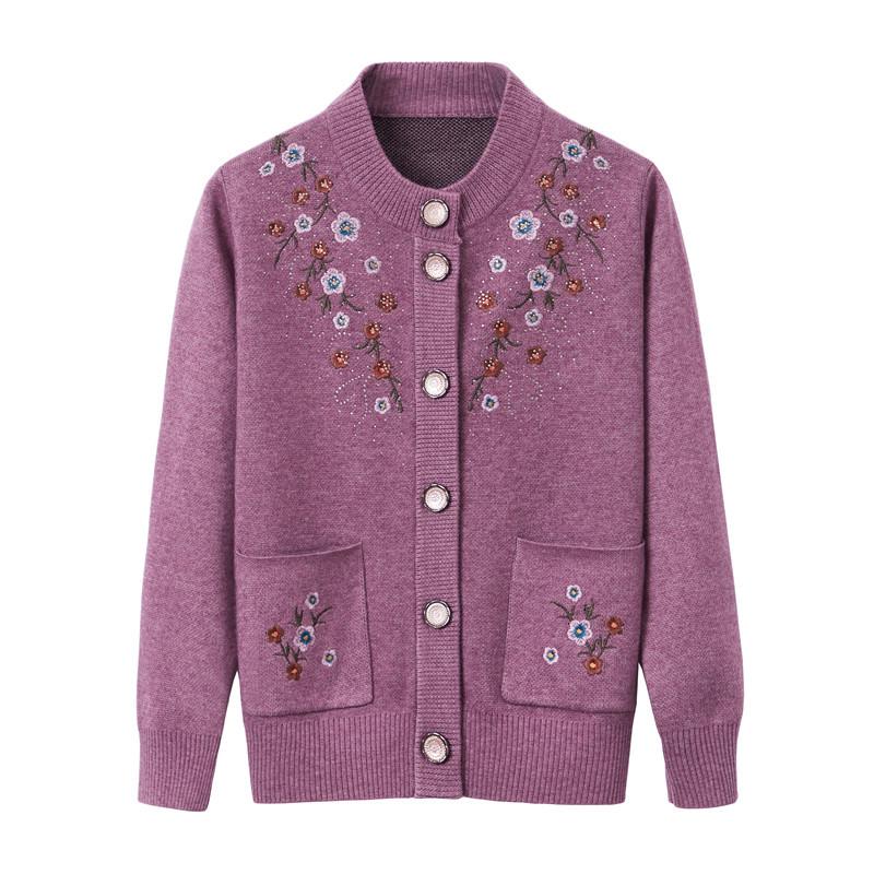 Embroidered Velvet-Enhanced Warm Cardigan for Women Aged 60-70
