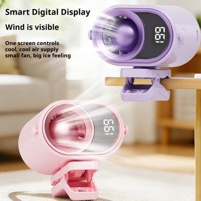 Mini Ventilador de Clipe com Luz Noturna Display LCD Velocidade Contínua Ventilador Pessoal de Mesa Recarregável por USB Portátil para Ar Condicionado de Viagem ao Ar Livre