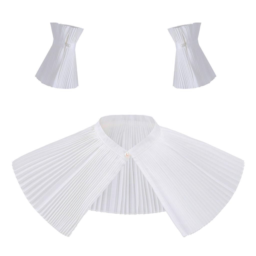 Elegant Detachable Pleated False Collar Pearls Button Shawl and Faux Sleeves Cuffs Set for Parties Costume or Casual