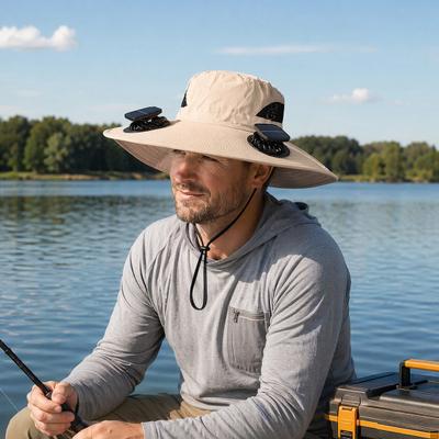 Široký klobouk ve tvaru vějíře s duálními ventilátory, Ochranný klobouk proti slunci napájený solárně a přes USB, Venkovní klobouk typu bucket hat pro rybaření a turistiku