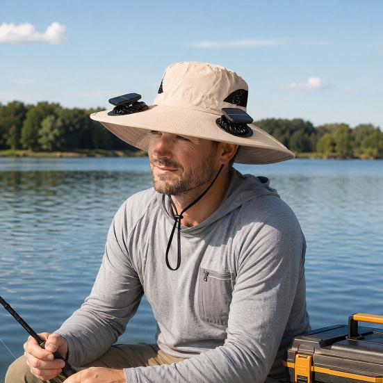 Cappello a Ventilatore Solare, Cappello da Sole a Tesa Larga UPF 50+ con 2 Ventole, Ricaricabile Solare e USB, 3 Velocità per Pesca/Campeggio/Escursionismo/Giardinaggio