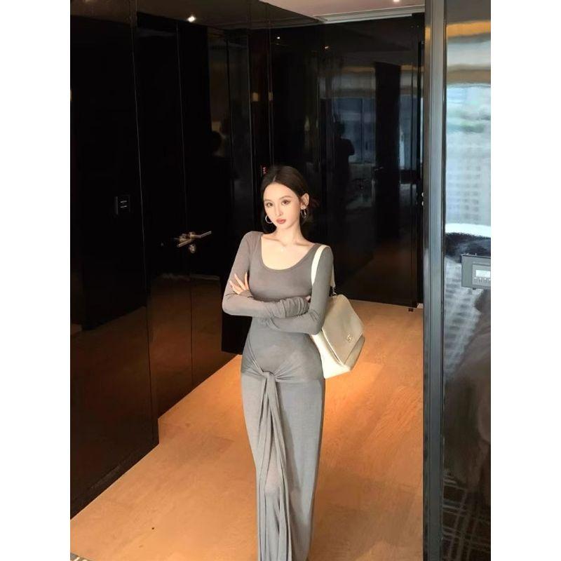 Kumikumi Pure Desire Style Sexy Temperament Lace-up Solid Long sleeve dress Women Autumn Waist Hugging Slimming A- line Skirt