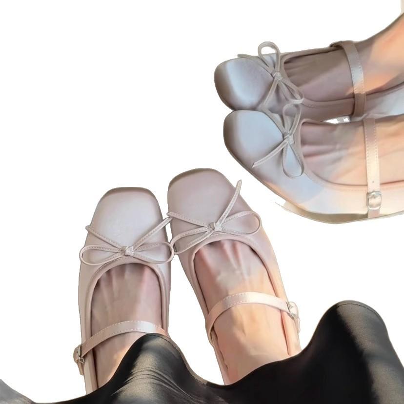 Blue Cabinet Heightening Pink Satin Bow High Heel Mary Jane Shoes Women's Thick Heel Soft Sole Versatile Ballet Single Shoes Women