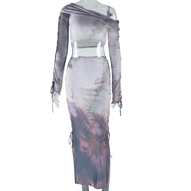 

Модный женский комплект из двух предметов в европейском и американском стиле с юбкой и принтом, сексуальный топ с длинными рукавами и завязками на талии S