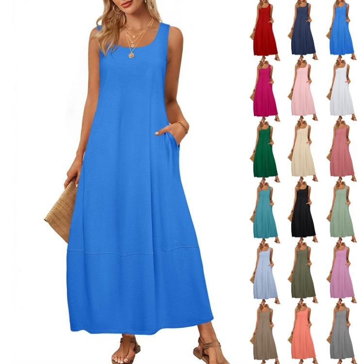 Summer Women's Casual Loose Sleeveless Round Neck Sundress Long Beach Dress