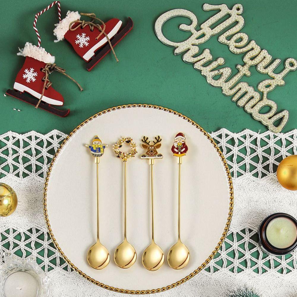 4PCS Set Christmas Stirring Spoon Plated Design Kitchen Utensil Gift  Kitchen Supplies