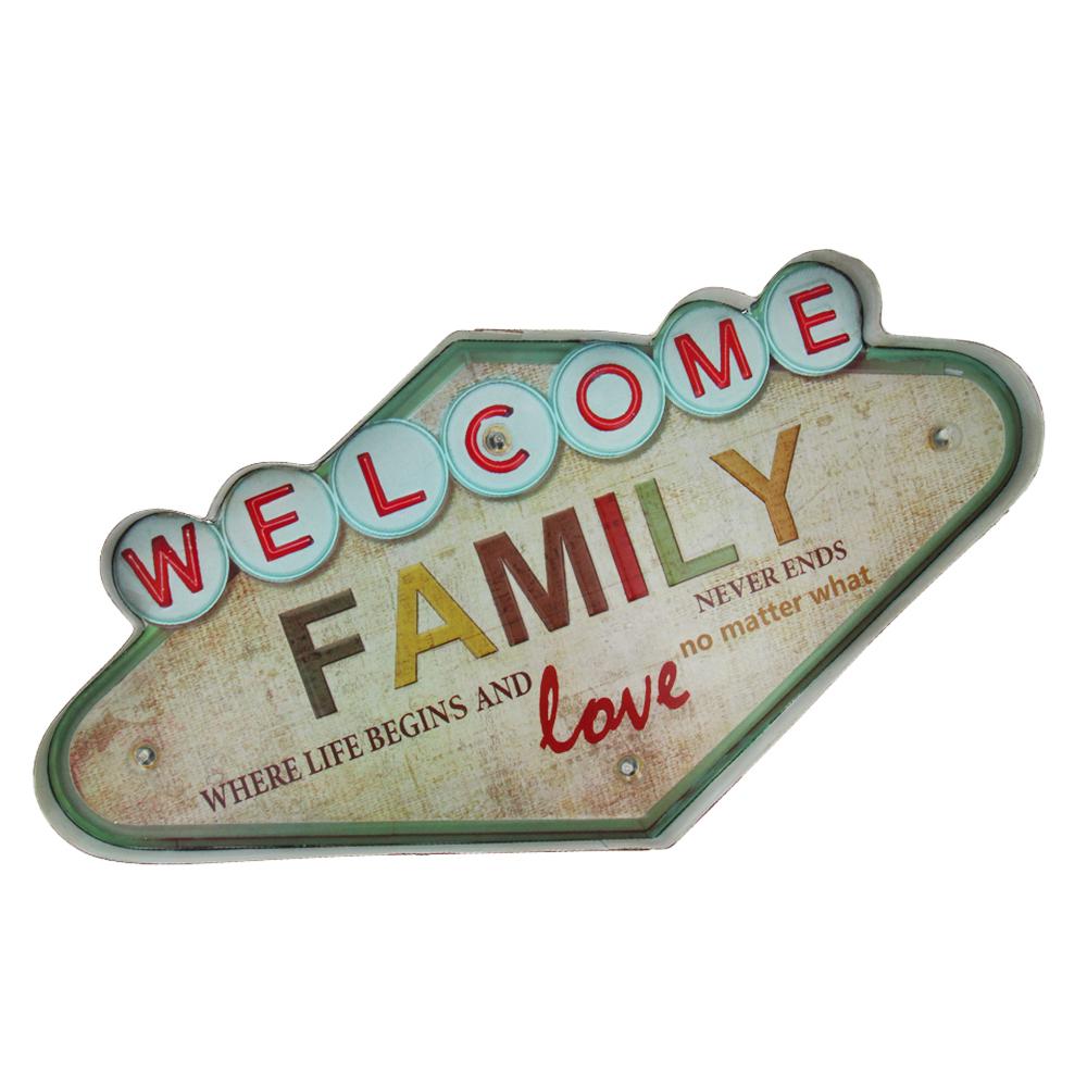 Znak Metalowy Retro Led Welcome Family Forever Light