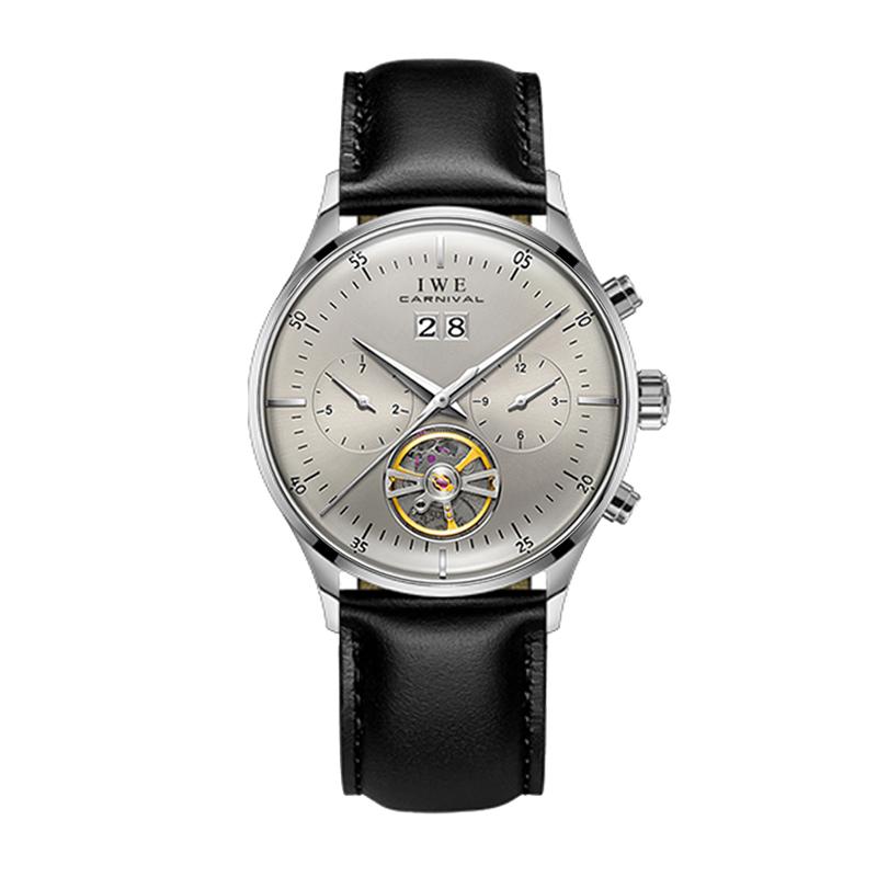 New CARNIVAL Grey Dial Luxury Tourbillon Watch For Men Mechanical Travel Time Wrist Watch Men Leather Waterproof