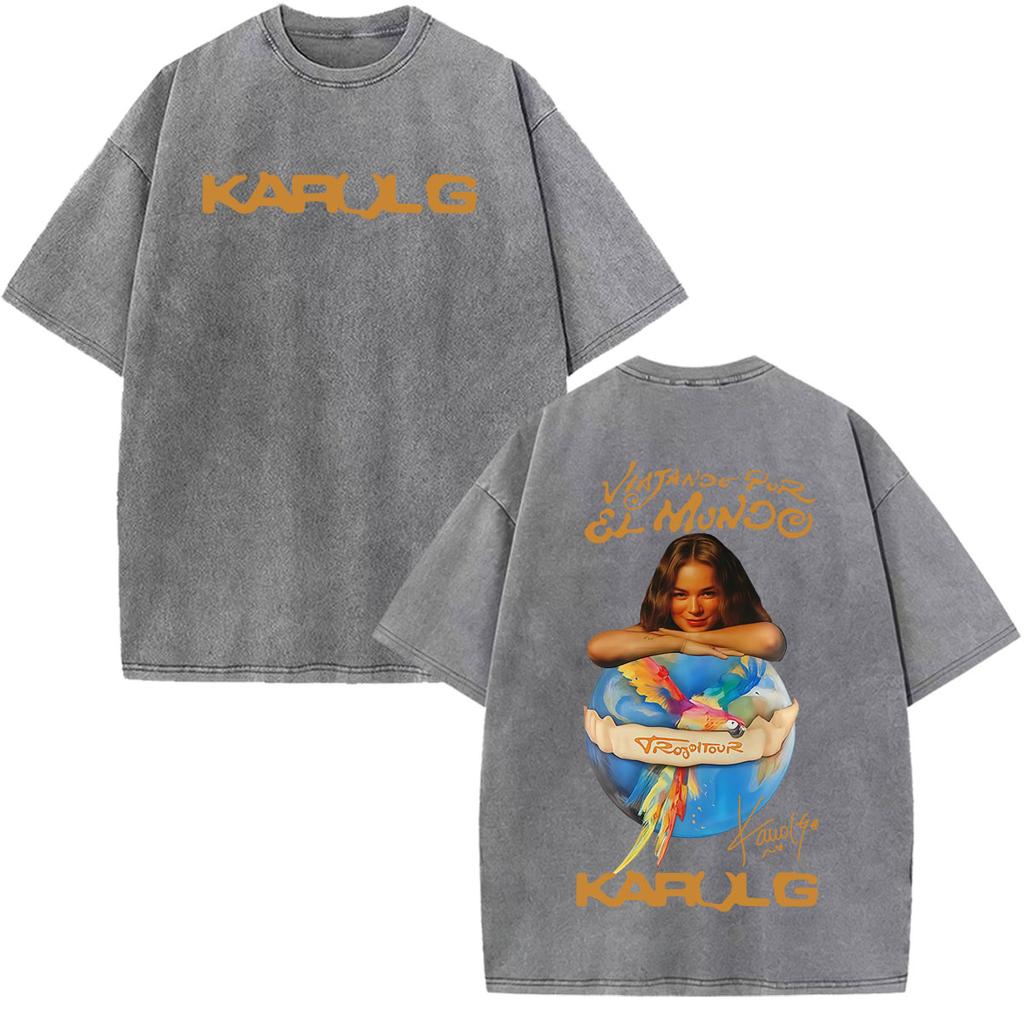 Karol G Viajando Por El Mundo Tropitour  Graphics T Shirt Unisex Women Fashion Cotton Loose Casual Vintage Washed Tshirts Tops