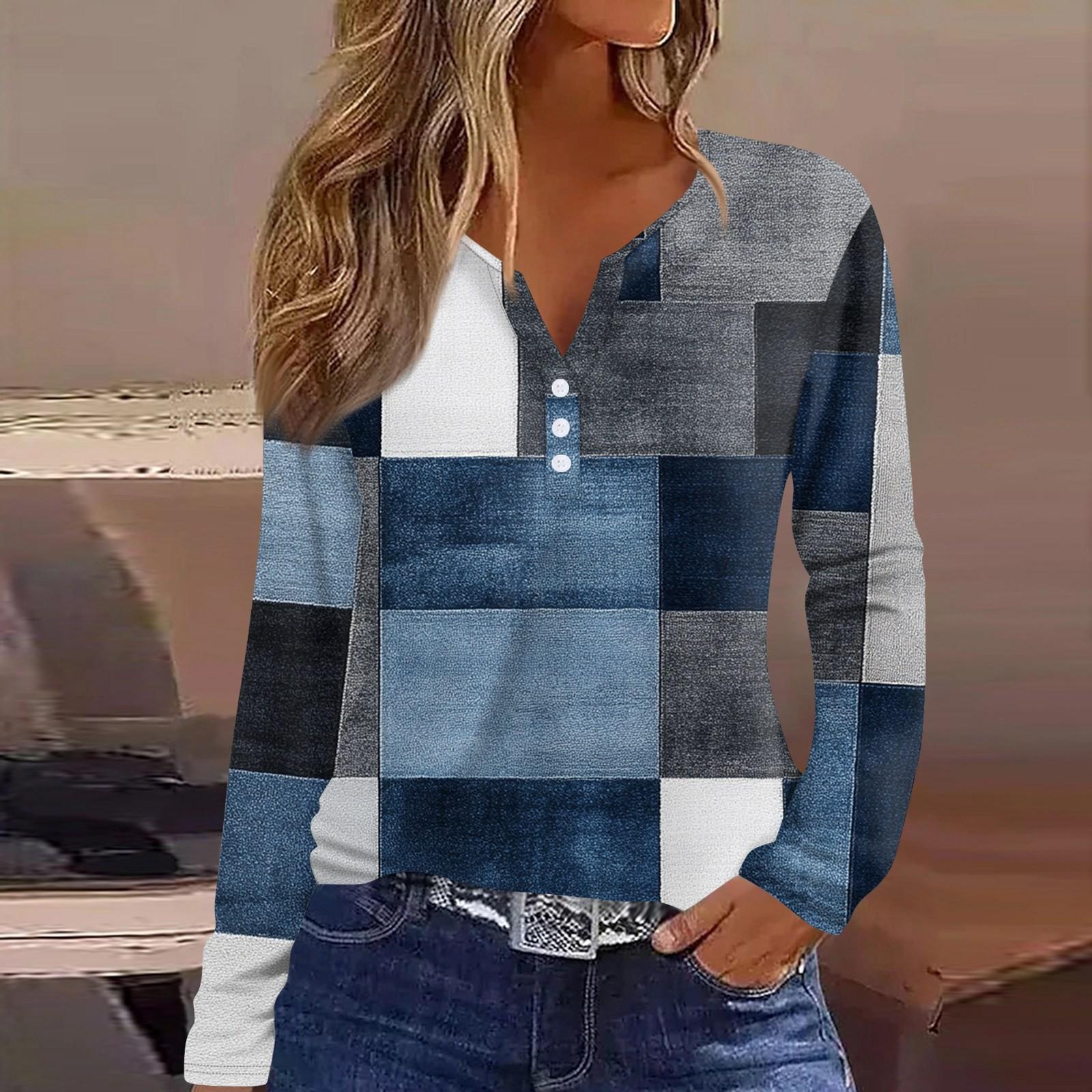 

Жен. Футболка Футболка С принтом Пуговицы Длинный рукав Повседневные Выходные Мода Классический V-образный вырез Обычный Верх M