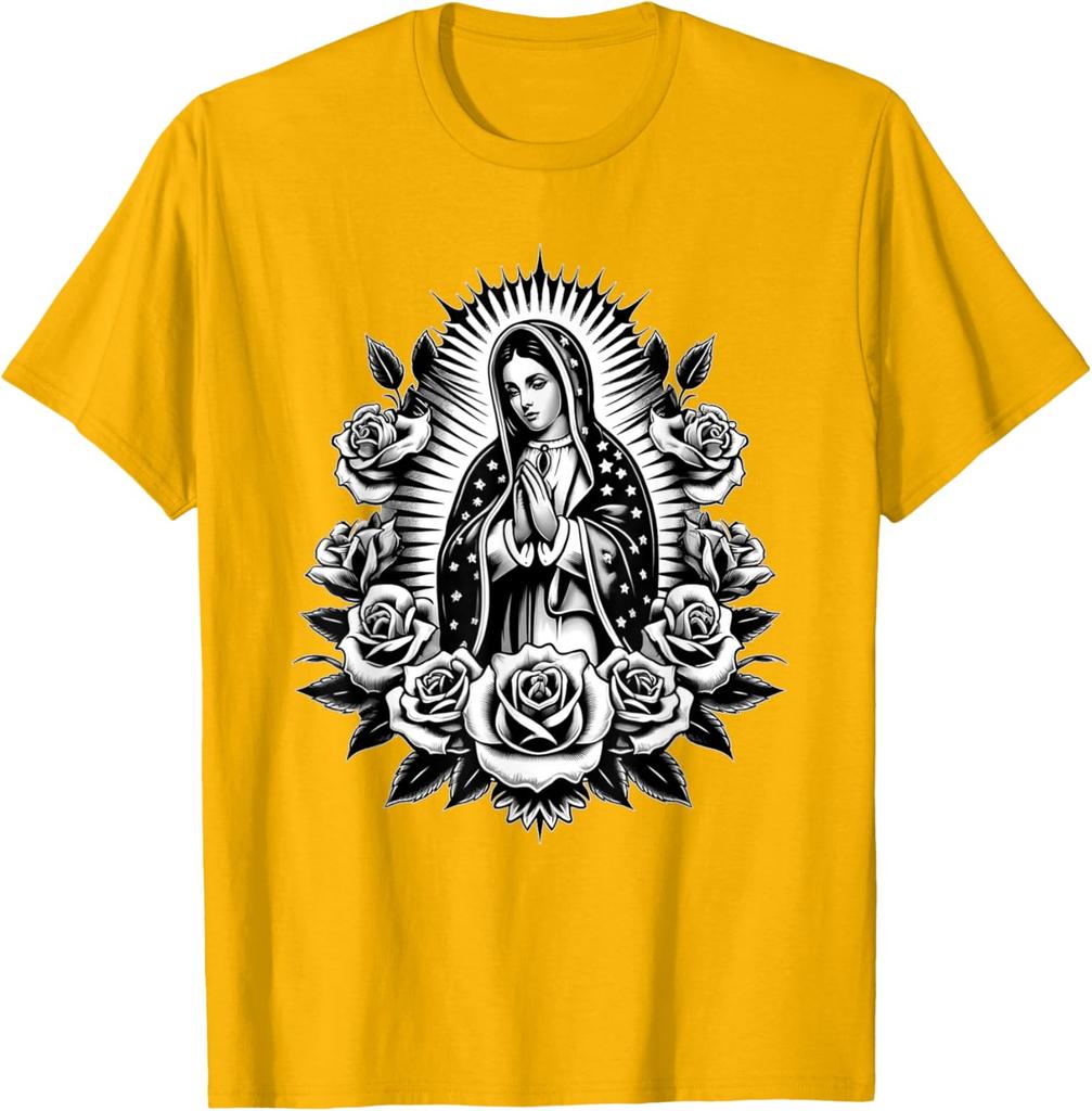 Virgin Mary Guadalupe Roses Graphic T-Shirt Religious Catholic Virginita Floral Print Tee Men Casual