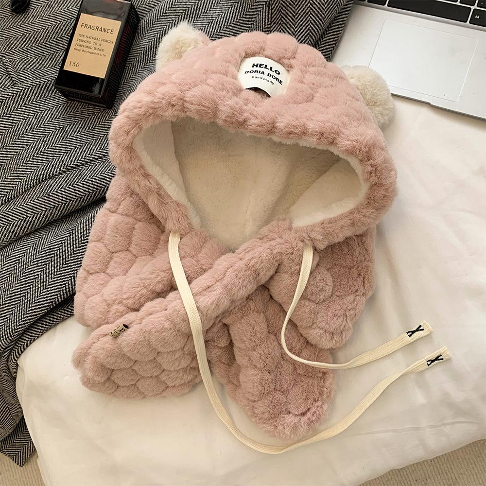 

Милая шапка с медвежьими ушками и шарф «все в одном» женская зимняя в корейском стиле плюшевая утолщенная теплая шапка для защиты ушей при езде на велосипеде M（56-58cm）