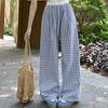High Waist Plaid Pants Women Thin Y2K Drawstring Pants Comfort Straight Leg Pants  Summer