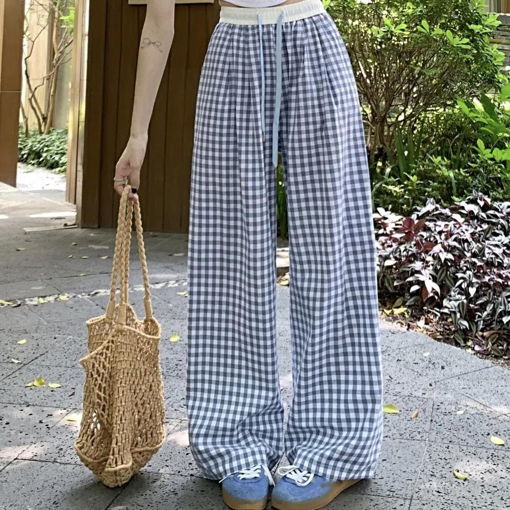 High Waist Plaid Pants Women Thin Y2K Drawstring Pants Comfort Straight Leg Pants  Summer