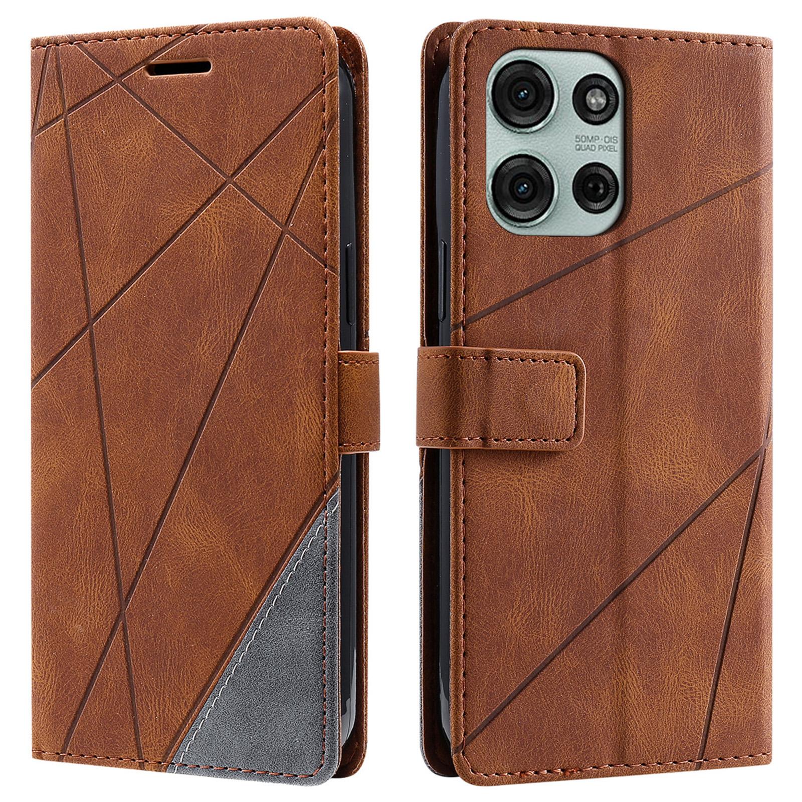 

For Motorola Moto G75 5G Case Imprinted Lines PU Leather Splicing Wallet Phone Cover Brown