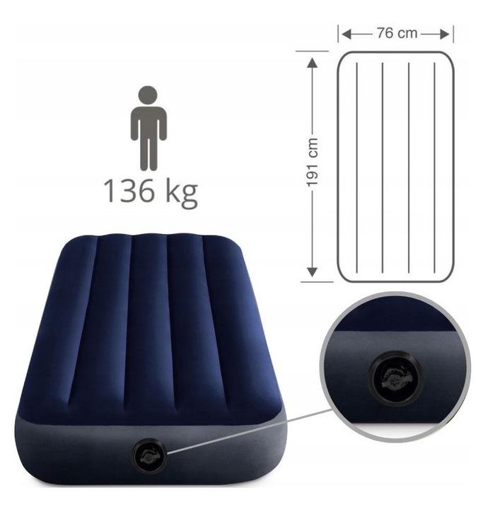 Materac Dmuchany Welurowy Granatowy Jednoosobowy Łóżko Intex 191X76X25Cm