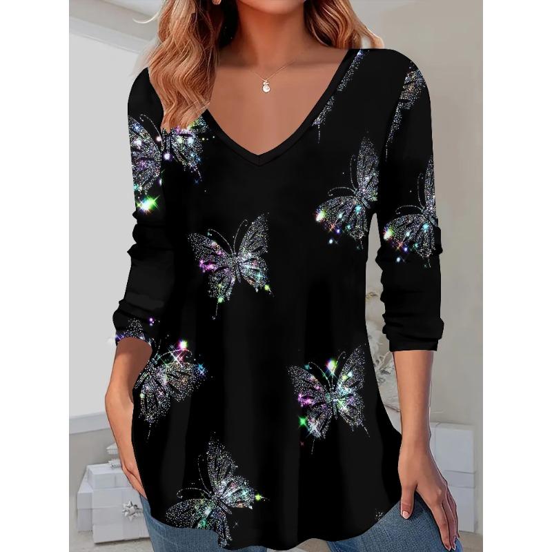 Fashion Women'S Clothing Women'S Fashion Casual Style Autumn Winter V-Neck Butterfly Print Pattern Digital Print