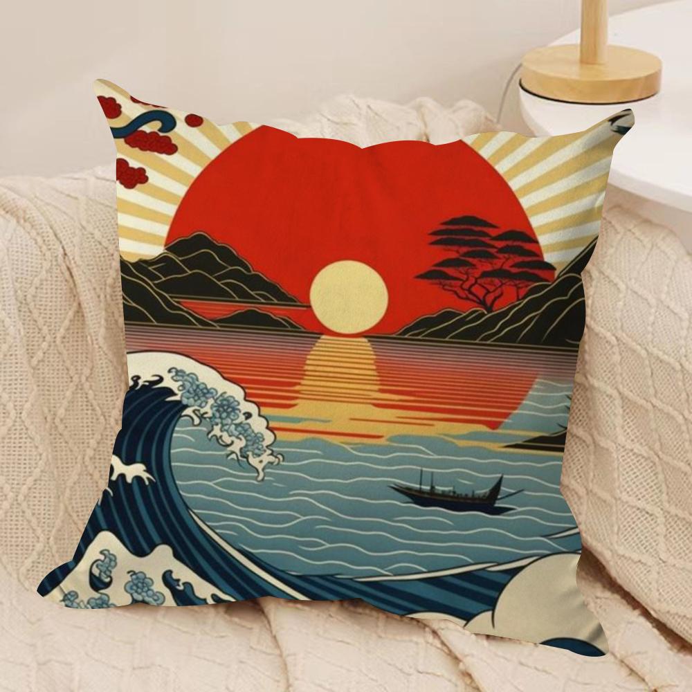 Japanese Waves Cushion Cover Silky Short Plush DoubleSided Printed Pillow Case for Sofa All Seasons Home Decor Gift