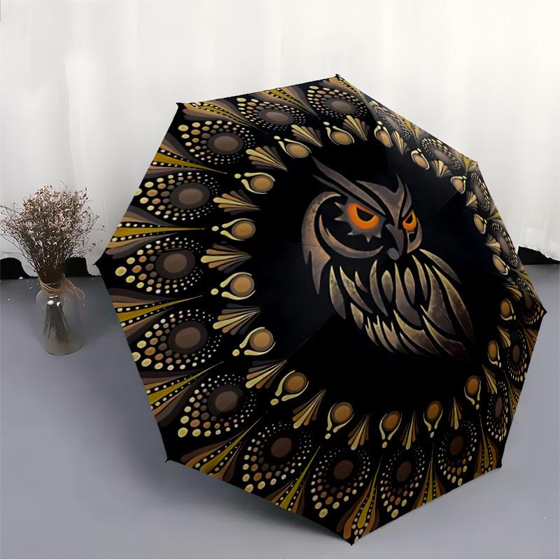 1pc Owl Mandala Automatic Folding Umbrella - Design, Durable Iron Frame for Travel, Outdoor, Beach Fashion Accessory a0920050