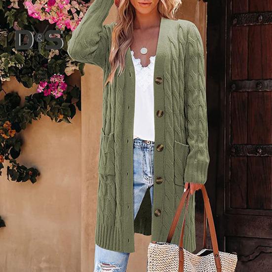 Women Sweater Cardigan V-neck Long Sleeve Twist Texture Knitting Tops with Pockets Solid Color Button-Up Knitting Jacket