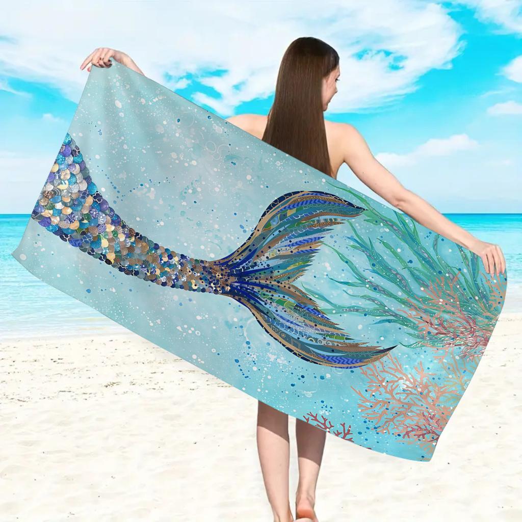1pc Dolphin, Mermaid, Flamingo Pattern Ultra-fine Fiber Beach Towel, Quick Drying Absorbent Outdoor Swimming Beach Towel