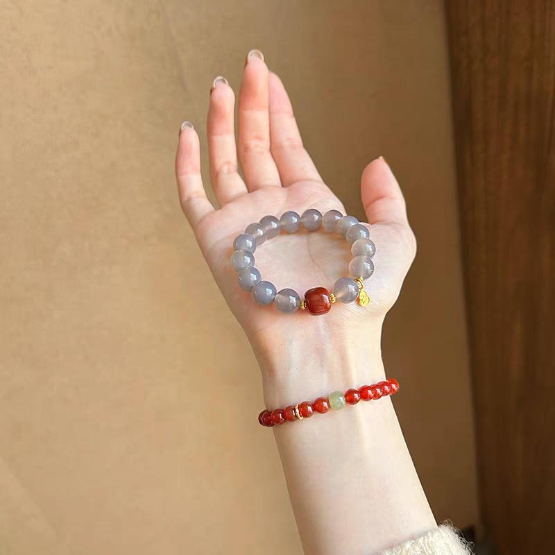 New Chinese Style Natural Ash Red Agate Beaded Bracelet - Cool National Cultural Round Beads