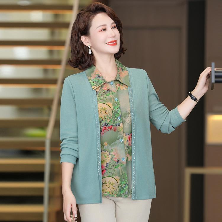 

Блузка-кардиган для молодой мамы на весну и лето, весенняя рубашка для бабушки, фальшивая двойка, женская одежда в западном стиле для женщин среднего и пожилого возраста, лацканы 4XL зелёный