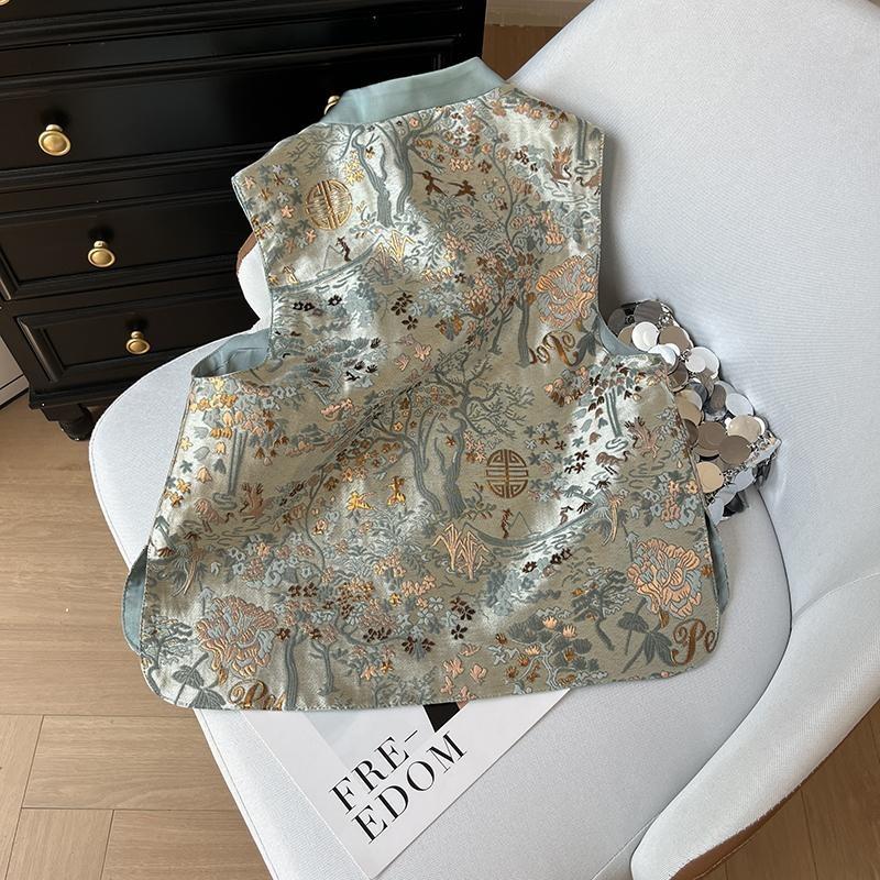 Embroidered vest women 2025 retro button sleeveless vest top