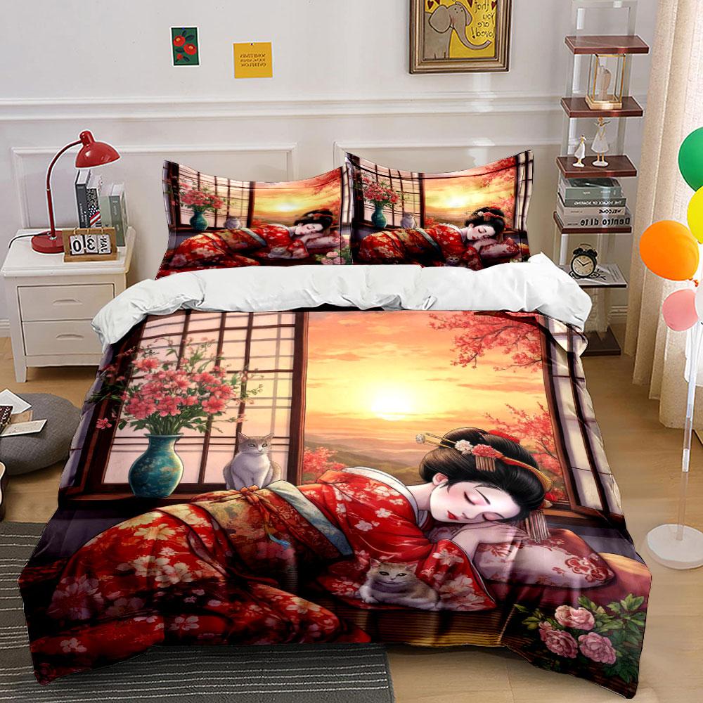 Japanese Ukiyo-e Geisha Two Cats Sunset Window Cherry Blossom Bedding SetVintage Kimono Floral Oriental Print Duvet CoverGift
