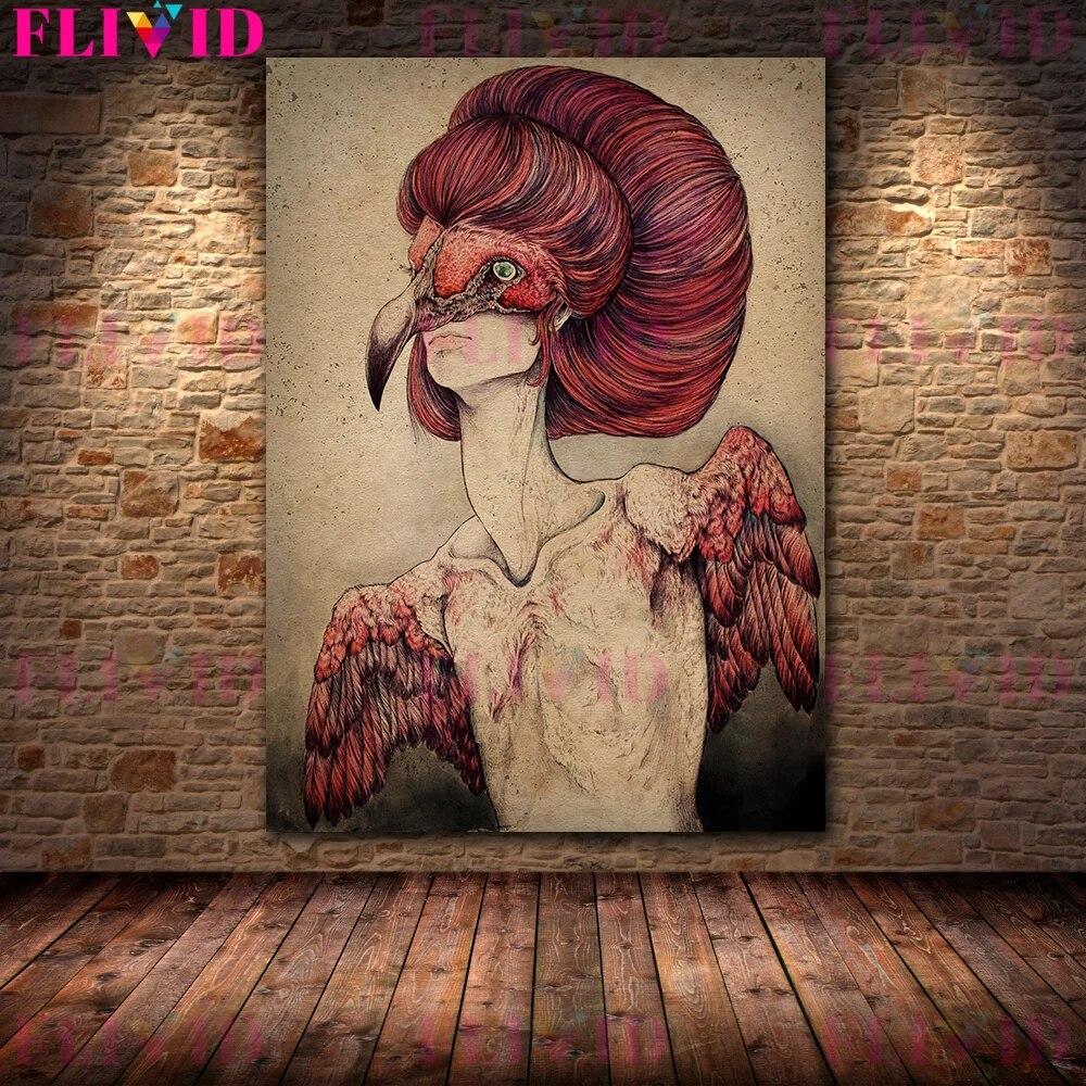Plakat ze Sztuką Abstrakcyjną Ptaków Zwierząt i Dziewczyn Retro Surrealistyczna Kobieca Sztuka Ścienna Obraz na Płótnie Do Wystroju Salonu Bez Ramki Brak Ramy