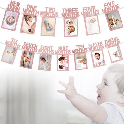 12 Months Photo Frame Banner Happy Birthday Decoration First Boy Girl Party Paper Garland Baby My 1st One Year Bunting