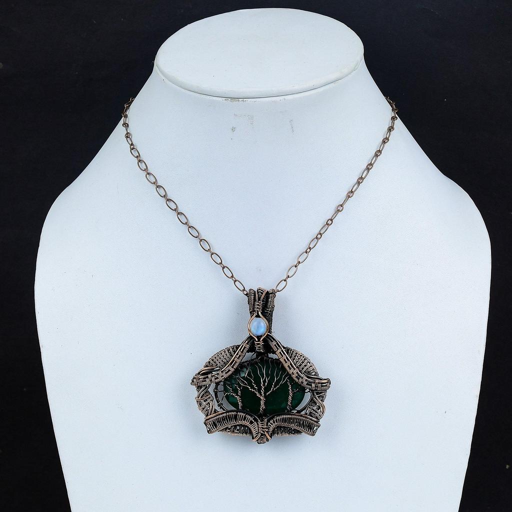 Baum des Lebens Facettierter Sambischer Smaragd Anhänger Kupferdraht Umwickelter Anhänger Mondstein Anhänger Edelsteinanhänger Zum Geschenk Handgefertigter Kupferschmuck