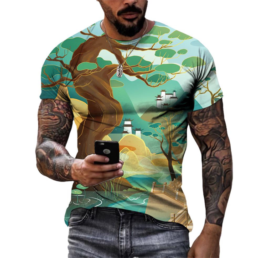 Piękne koszulki męskie z elementami chińskimi, casualowe, z nadrukiem HD 3D, wzorzyste, hip hopowe, Harajuku, z osobowością, z okrągłym dekoltem, z krótkim rękawem