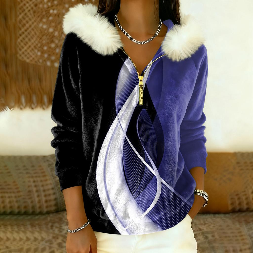 Women's Loose And Comfortable Casual Fashion Half-Zip Hooded Long Sleeve Conventional Printing Top